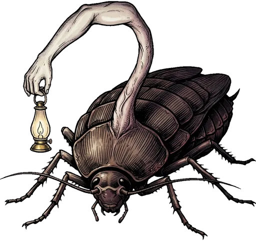 A huge roach with a pale arm rising from its back, holding a lamp