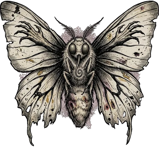 A pale moth with tattered wings