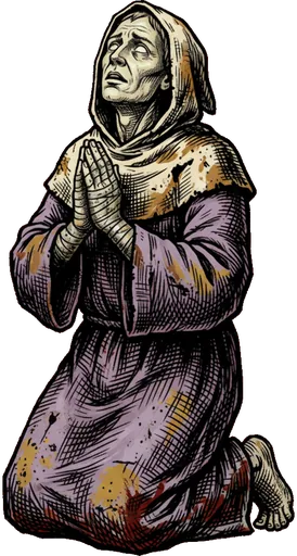 A hooded figure kneeling in prayer, robes stained purple