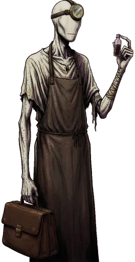 A thin man in a medic's apron, carrying a case