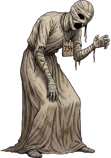 A gaunt figure in a long gown, a tag hanging at its neck