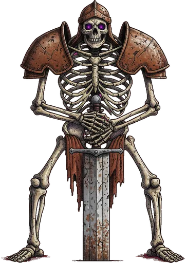 A skeleton in rusted armour, leaning on a sword
