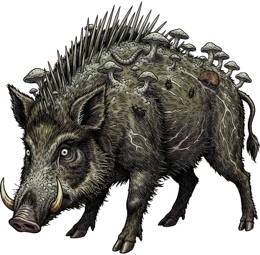 A boar with quills and grey fungus growing down its back