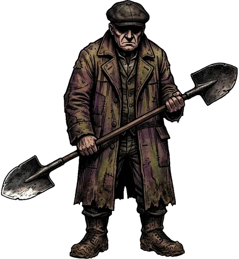 A heavy man in a long coat and cap, holding a shovel